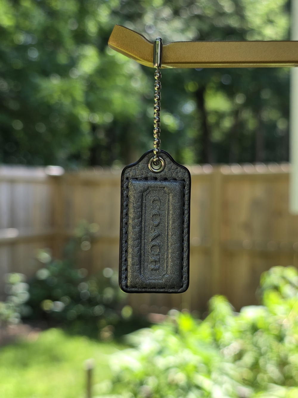 COACH Small Metallic Gray Leather Hangtag W/ S8lver Ball Chain